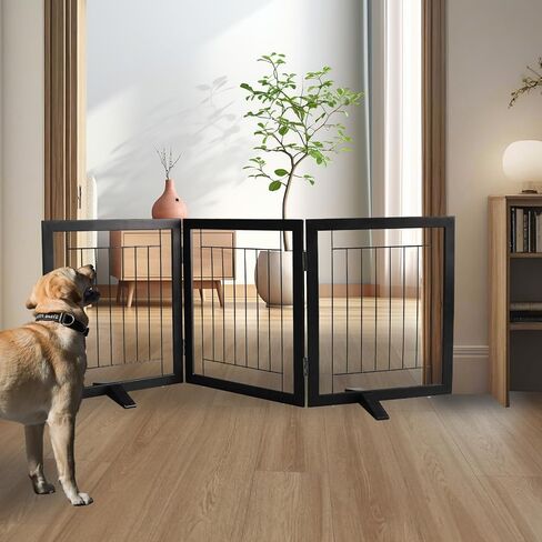 ZJSF Freestanding Dog Gate Indoor, Foldable Dog Fence for Doorways,Hallways or Stairs, Sturdy Wood Extra Wide Pet Gate with Support Feet,Black,24 "Height-3 Panels in Kuwait