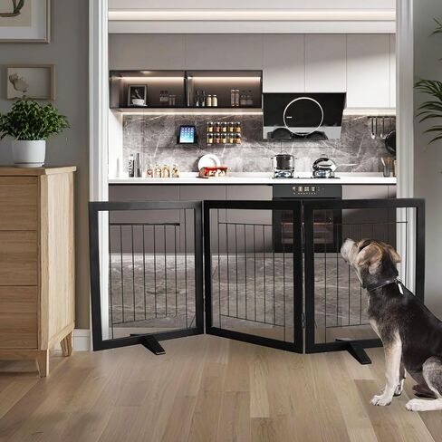 ZJSF Freestanding Dog Gate Indoor, Foldable Dog Fence for Doorways,Hallways or Stairs, Sturdy Wood Extra Wide Pet Gate with Support Feet,Black,24 "Height-3 Panels in Kuwait