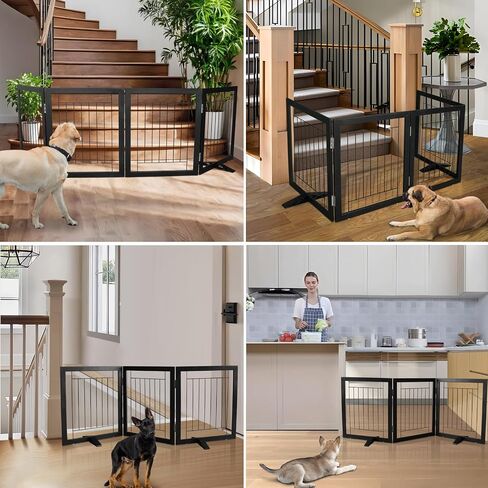 ZJSF Freestanding Dog Gate Indoor, Foldable Dog Fence for Doorways,Hallways or Stairs, Sturdy Wood Extra Wide Pet Gate with Support Feet,Black,24 "Height-3 Panels in Kuwait