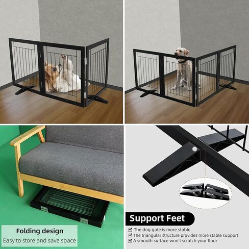 ZJSF Freestanding Dog Gate Indoor, Foldable Dog Fence for Doorways,Hallways or Stairs, Sturdy Wood Extra Wide Pet Gate with Support Feet,Black,24 "Height-3 Panels in Kuwait