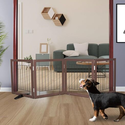 ZJSF Freestanding Dog Gate Indoor, Foldable Dog Fence for Doorways,Hallways or Stairs, Sturdy Wood Extra Wide Pet Gate with Support Feet,Black,24 "Height-3 Panels in Kuwait