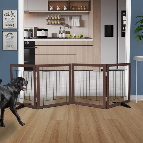 ZJSF Freestanding Dog Gate Indoor, Foldable Dog Fence for Doorways,Hallways or Stairs, Sturdy Wood Extra Wide Pet Gate with Support Feet,Black,24 "Height-3 Panels in Kuwait