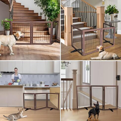 ZJSF Freestanding Dog Gate Indoor, Foldable Dog Fence for Doorways,Hallways or Stairs, Sturdy Wood Extra Wide Pet Gate with Support Feet,Black,24 "Height-3 Panels in Kuwait