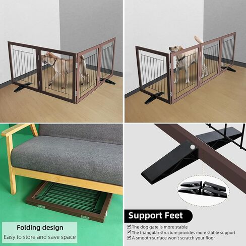 ZJSF Freestanding Dog Gate Indoor, Foldable Dog Fence for Doorways,Hallways or Stairs, Sturdy Wood Extra Wide Pet Gate with Support Feet,Black,24 "Height-3 Panels in Kuwait