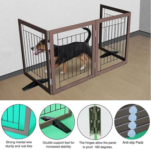 ZJSF Freestanding Dog Gate Indoor, Foldable Dog Fence for Doorways,Hallways or Stairs, Sturdy Wood Extra Wide Pet Gate with Support Feet,Black,24 "Height-3 Panels in Kuwait