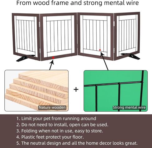 ZJSF Freestanding Dog Gate Indoor, Foldable Dog Fence for Doorways,Hallways or Stairs, Sturdy Wood Extra Wide Pet Gate with Support Feet,Black,24 "Height-3 Panels in Kuwait
