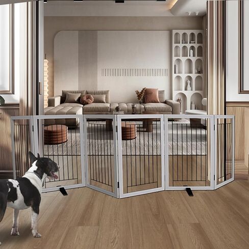 ZJSF Freestanding Dog Gate Indoor, Foldable Dog Fence for Doorways,Hallways or Stairs, Sturdy Wood Extra Wide Pet Gate with Support Feet,Black,24 "Height-3 Panels in Kuwait