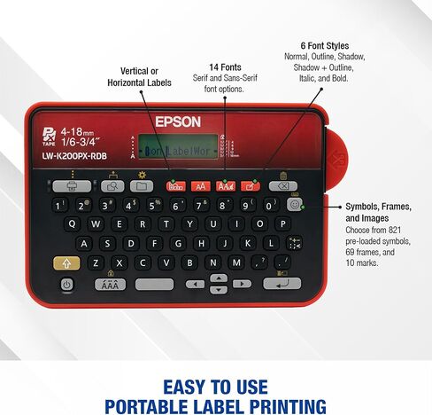 LABELWORKS Epson LW-K200PX-RDB صانع ملصقات لوحة مفاتيح QWERTY المحمولة للمنزل والهوايات - الحرف اليدوية والتنظيم والتخصيص - طابعة باللون الأحمر والأسود in Kuwait