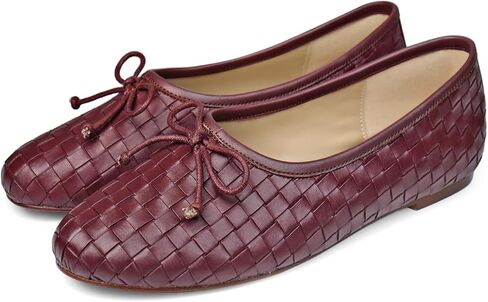 نساء الباليه المنسوجة من الجلد من الجلد منقوش جولة حذاء ماري جين مع فستان أزياء ربطة عنق على أحذية راقصة الباليه منخفضة الكعب in Kuwait