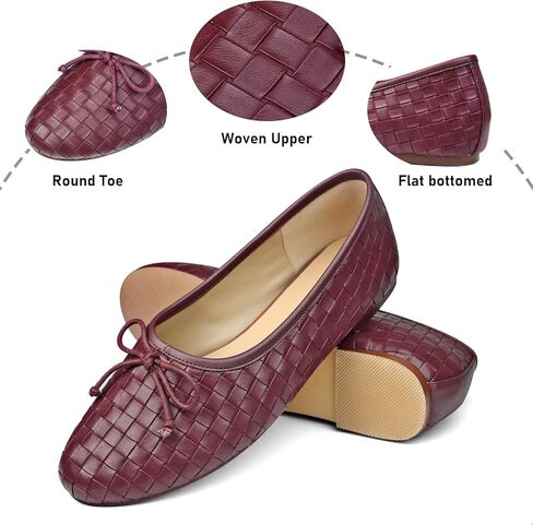 نساء الباليه المنسوجة من الجلد من الجلد منقوش جولة حذاء ماري جين مع فستان أزياء ربطة عنق على أحذية راقصة الباليه منخفضة الكعب in Kuwait