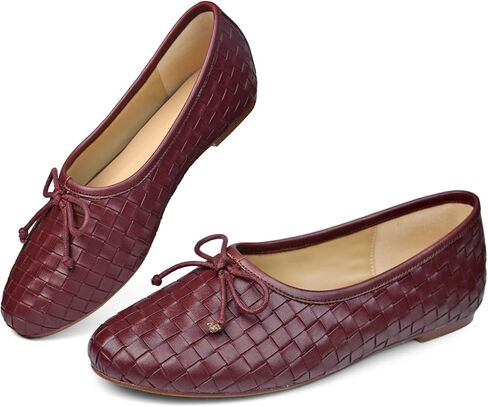 نساء الباليه المنسوجة من الجلد من الجلد منقوش جولة حذاء ماري جين مع فستان أزياء ربطة عنق على أحذية راقصة الباليه منخفضة الكعب in Kuwait