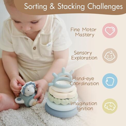 Moonkie Dinosaur Baby Toysing Toys | 7 قطع حلقات السيليكون للإغاثة التسنين | لعبة تعليمية للرضع والأطفال الصغار 6 أشهر+ | طفل ضروري in Kuwait