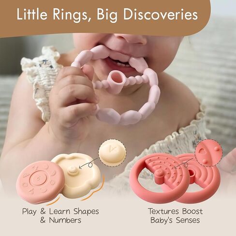 Moonkie Dinosaur Baby Toysing Toys | 7 قطع حلقات السيليكون للإغاثة التسنين | لعبة تعليمية للرضع والأطفال الصغار 6 أشهر+ | طفل ضروري in Kuwait