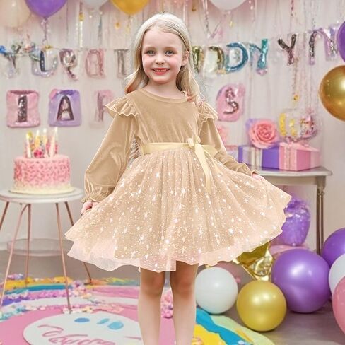Toddler Christmas Dress Ruffle Long Sleeve Toddler Baby Girls Knee Length Tulle Velvet Dresses for Party Holiday in Saudi Arabia