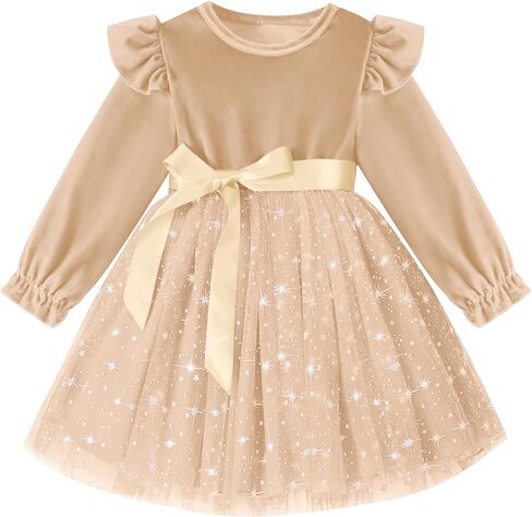 Toddler Christmas Dress Ruffle Long Sleeve Toddler Baby Girls Knee Length Tulle Velvet Dresses for Party Holiday in Saudi Arabia
