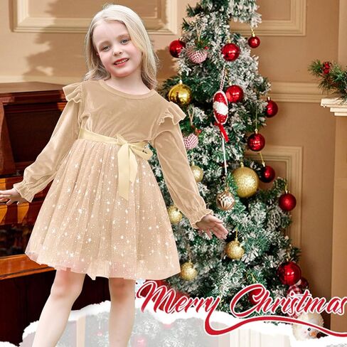 Toddler Christmas Dress Ruffle Long Sleeve Toddler Baby Girls Knee Length Tulle Velvet Dresses for Party Holiday in Saudi Arabia