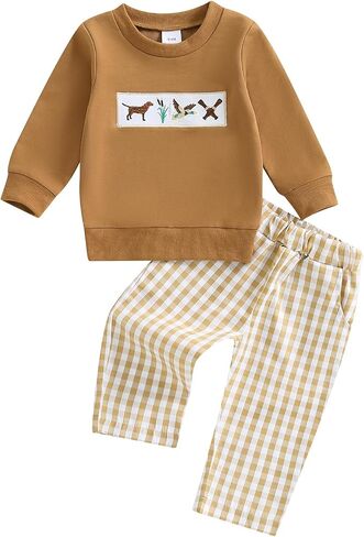 Toddler Baby Boy Clothes Duck Mallard Duck Embroidery Long Sleeve Fall Sweatshirt Pants Set Hunting Outfits in Saudi Arabia