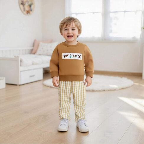 Toddler Baby Boy Clothes Duck Mallard Duck Embroidery Long Sleeve Fall Sweatshirt Pants Set Hunting Outfits in Saudi Arabia