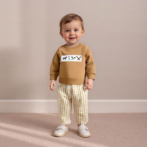 Toddler Baby Boy Clothes Duck Mallard Duck Embroidery Long Sleeve Fall Sweatshirt Pants Set Hunting Outfits in Saudi Arabia