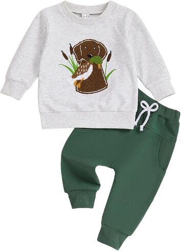 Toddler Baby Boy Clothes Duck Mallard Duck Embroidery Long Sleeve Fall Sweatshirt Pants Set Hunting Outfits in Saudi Arabia