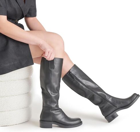 KaroNairy Women Knee High Boots Faux Leather Long Boots Low Chunky Heel Square Toe Side Zipper Fall Tall Boots in Kuwait