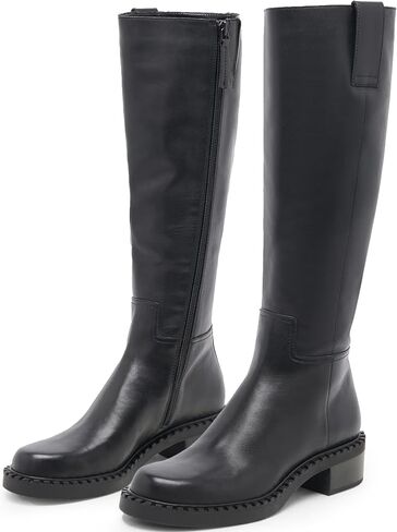 KaroNairy Women Knee High Boots Faux Leather Long Boots Low Chunky Heel Square Toe Side Zipper Fall Tall Boots in Kuwait