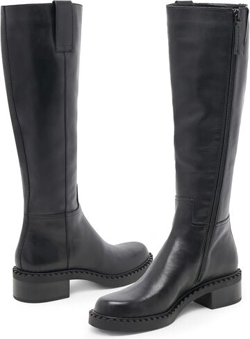 KaroNairy Women Knee High Boots Faux Leather Long Boots Low Chunky Heel Square Toe Side Zipper Fall Tall Boots in Kuwait