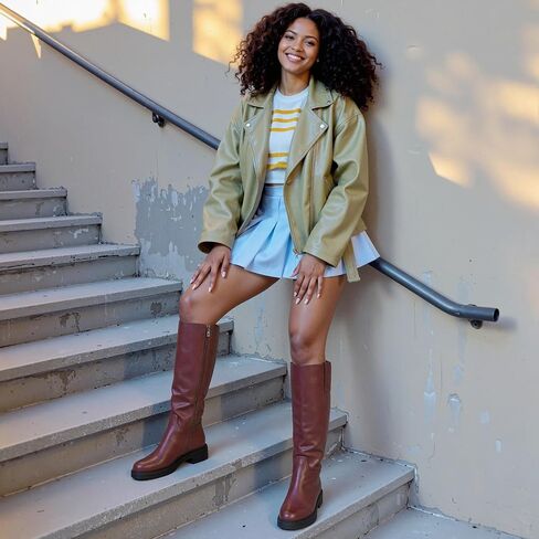 Karonairy نساء الركبة عالية الأحذية فو فو بأحذية طويلة منخفضة الكعب الكعك مربع سحاب سستة الجانب in Kuwait