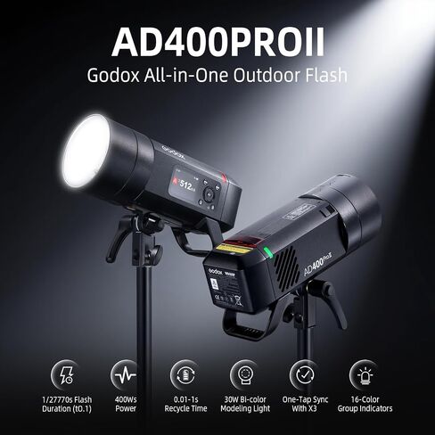Godox AD400 Pro II Outdoor Flash Strobe, 400Ws Monolight with 2.4GHz Wireless X System, Bi-Color 30W Modeling Lamp, 1/27770s Flash Duration & 16-Color Indicators for Professional Photography in Saudi Arabia
