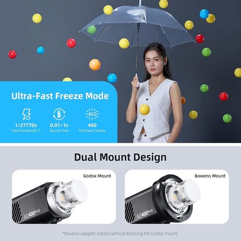 Godox AD400 Pro II Outdoor Flash Strobe, 400Ws Monolight with 2.4GHz Wireless X System, Bi-Color 30W Modeling Lamp, 1/27770s Flash Duration & 16-Color Indicators for Professional Photography in Saudi Arabia