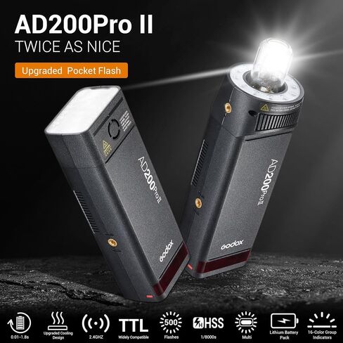 Godox Ad200 Pro II Pocket Flash-الرؤوس التي تمت ترقيتها (AD-S2 & Barb Bulb) ، مصباح طراز Bi-Color 200WS ، 2.4G TTL & HSS ، إقران واحد مع مشغل X3-متوافق مع Canon و Nikon و Sony و Fujifilm و Olympus in Saudi Arabia