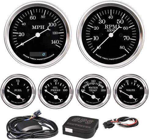 RaceTech Classic 1 مجموعة قياسات كهربائية خطيرة مكونة من 6 مقاييس قرص أبيض لمجموعة أدوات السيارة - تتضمن عداد السرعة ومقياس سرعة الدوران - فولت، ومستوى الوقود، ودرجة حرارة الماء ومقياس ضغط الزيت. in Kuwait