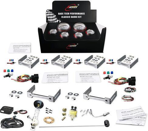 RaceTech Classic 1 serious Electrical 6 Gauge Set Gauges White Dial for Car's Instrument Cluster - Includes Speedometer & Tachometer - Volt, Fuel Level, Water Temperature & Oil Pressure Gauge. in Kuwait