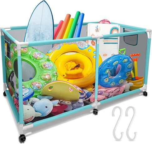 25 Gallon Small Blue Pool Storage Bin Mint – Compact Waterproof Mesh Organizer for Towels, Toys, Floats – Poolside Storage with Locking Wheels and Hooks - Rolling Net Basket for Patio, Yard in Saudi Arabia