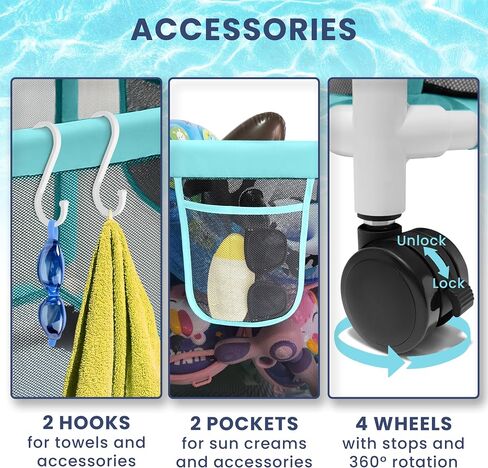25 Gallon Small Blue Pool Storage Bin Mint – Compact Waterproof Mesh Organizer for Towels, Toys, Floats – Poolside Storage with Locking Wheels and Hooks - Rolling Net Basket for Patio, Yard in Saudi Arabia
