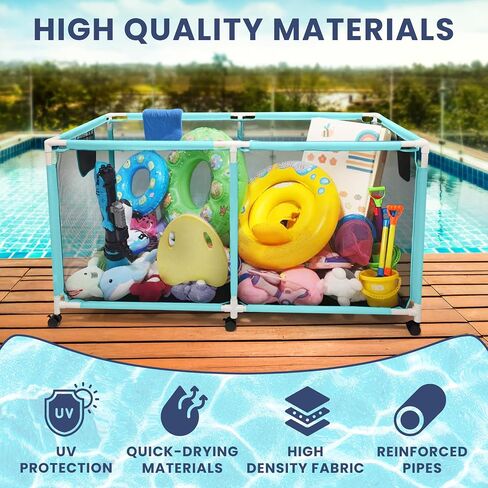 25 Gallon Small Blue Pool Storage Bin Mint – Compact Waterproof Mesh Organizer for Towels, Toys, Floats – Poolside Storage with Locking Wheels and Hooks - Rolling Net Basket for Patio, Yard in Saudi Arabia