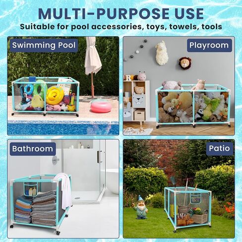 25 Gallon Small Blue Pool Storage Bin Mint – Compact Waterproof Mesh Organizer for Towels, Toys, Floats – Poolside Storage with Locking Wheels and Hooks - Rolling Net Basket for Patio, Yard in Saudi Arabia