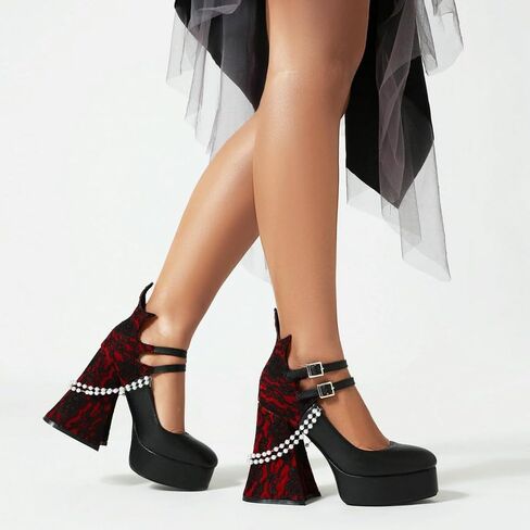 KOKOMOMO Womens Lace Flower Heels Goth Platform Shoes Chunky High Heel Mary Janes Gothic Shoe in Saudi Arabia