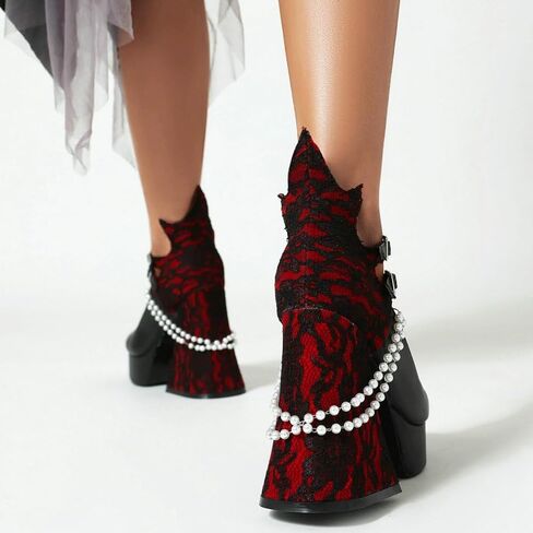 KOKOMOMO Womens Lace Flower Heels Goth Platform Shoes Chunky High Heel Mary Janes Gothic Shoe in Saudi Arabia