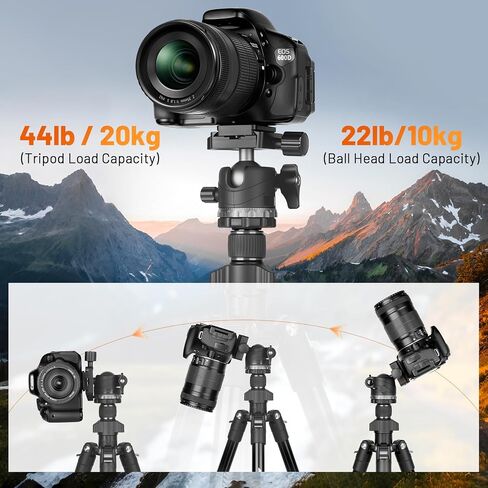 JOILCAN 66" Camera Tripod, Travel Tripod for Camera with 360° Ball Head & Phone Holder, Lightweight Compact Tripod for DSLR/Smartphone Photography, Max Load 22lbs in Kuwait
