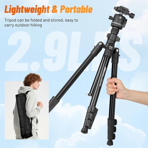 JOILCAN 66" Camera Tripod, Travel Tripod for Camera with 360° Ball Head & Phone Holder, Lightweight Compact Tripod for DSLR/Smartphone Photography, Max Load 22lbs in Kuwait