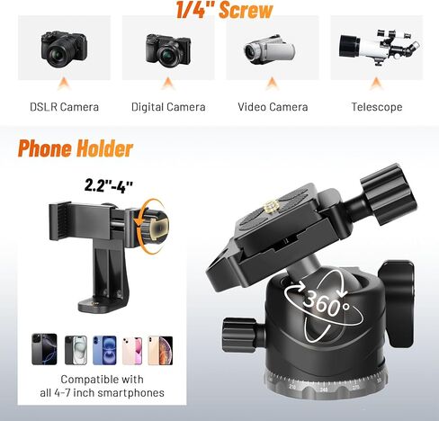 JOILCAN 66" Camera Tripod, Travel Tripod for Camera with 360° Ball Head & Phone Holder, Lightweight Compact Tripod for DSLR/Smartphone Photography, Max Load 22lbs in Kuwait