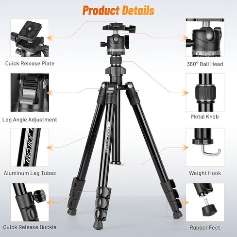 JOILCAN 66" Camera Tripod, Travel Tripod for Camera with 360° Ball Head & Phone Holder, Lightweight Compact Tripod for DSLR/Smartphone Photography, Max Load 22lbs in Kuwait