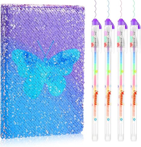 مجموعة دفاتر الملاحظات Outus Sequin مع 4 قطع من أقلام حبر جل ملونة، مجموعة مذكرات يومية قابلة للعكس ومجلة كتابة يوميات للمراهقين في عيد الحب للفتيات الصغيرات (أزرق وردي) in Kuwait
