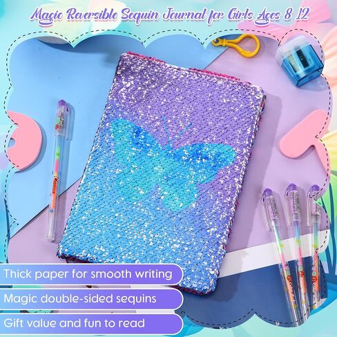 مجموعة دفاتر الملاحظات Outus Sequin مع 4 قطع من أقلام حبر جل ملونة، مجموعة مذكرات يومية قابلة للعكس ومجلة كتابة يوميات للمراهقين في عيد الحب للفتيات الصغيرات (أزرق وردي) in Kuwait