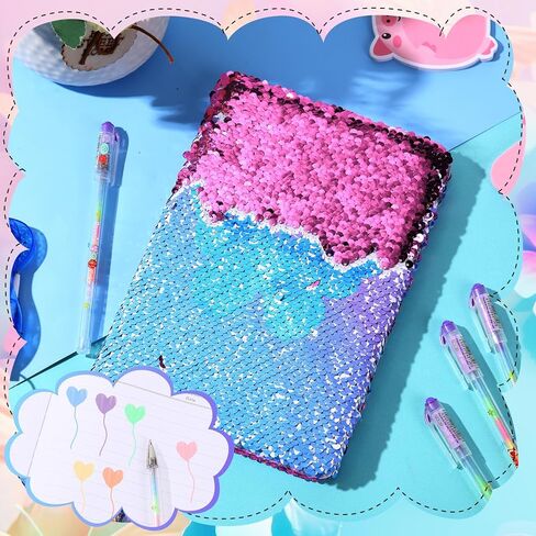 مجموعة دفاتر الملاحظات Outus Sequin مع 4 قطع من أقلام حبر جل ملونة، مجموعة مذكرات يومية قابلة للعكس ومجلة كتابة يوميات للمراهقين في عيد الحب للفتيات الصغيرات (أزرق وردي) in Kuwait