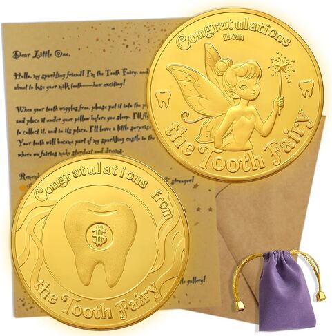 Tooth Fairy Gifts for Boys & Girls,Tooth Fairy Coins Keepsake Kit, Golden Coins with Tooth Pouch,Letter from Tooth Fairy in Kuwait