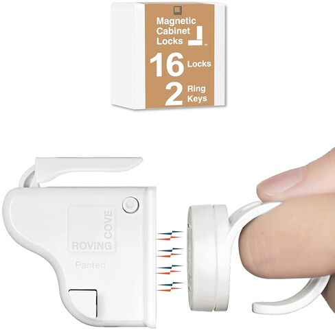 RovingCove Ergonomic Magnetic Cabinet Baby Locks 8-pk, Child Proof Drawer Cupboard Latches, Adhesive, Easy Install with Starter Tape System, 8 Locks 2 Ring Keys in Kuwait