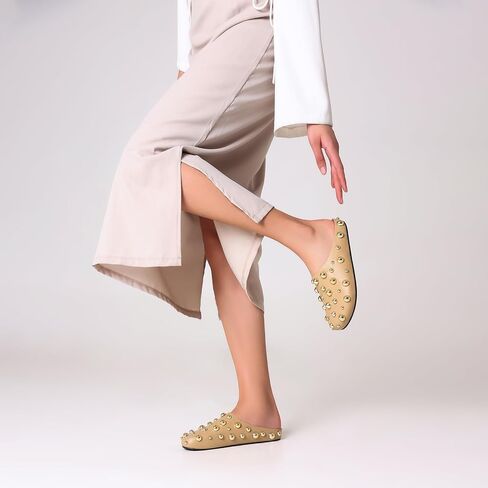 Studded Flat Mules for Women Sparkly Metallic Closed Round Toe Slippers Leather Slip On Backless Comfortable Clog Slides Fashion Casual Shoes in Saudi Arabia