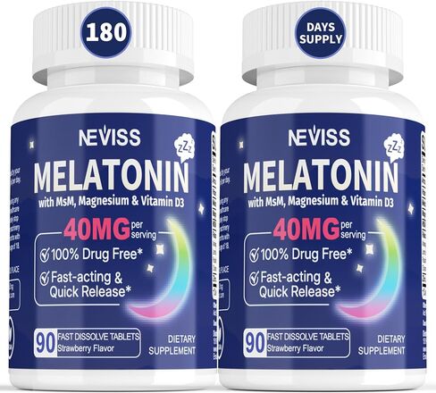 Sugar Free Melatonin 40 mg for Adults,180 Serving Fast Dissolve Sublingual Tablets, Extra Strength Melatonin with Vitamin D3,MSM & Selenium for Relaxation,Restful Deep Zzzs,Health Rest Cycle,Non Habit in Saudi Arabia